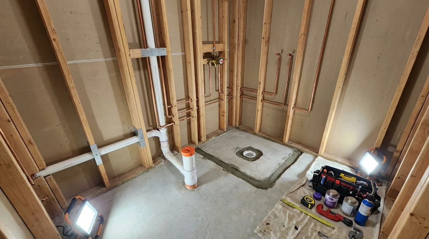 Bathroom rough-in plumbing during remodel by Johns Plumbing LLC in Theodore