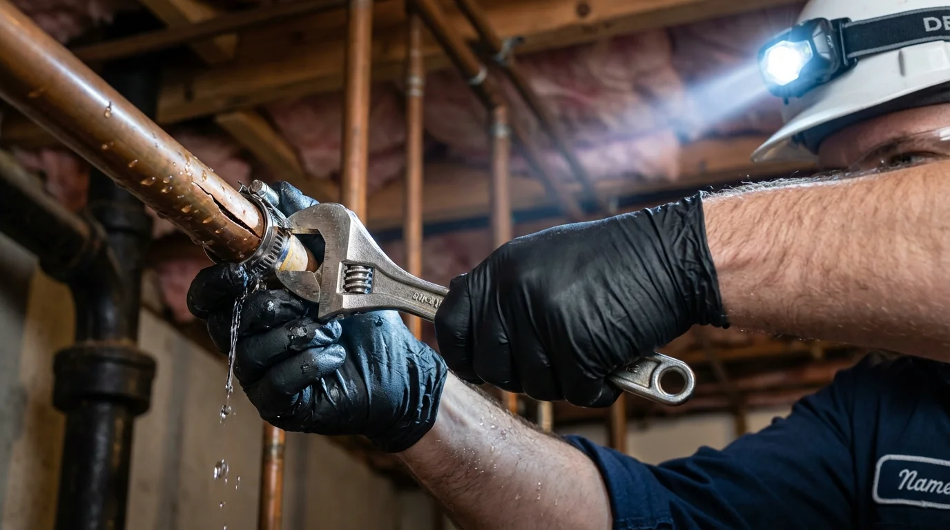 Emergency pipe clamp repair being performed by a Johns Plumbing LLC plumber in Theodore