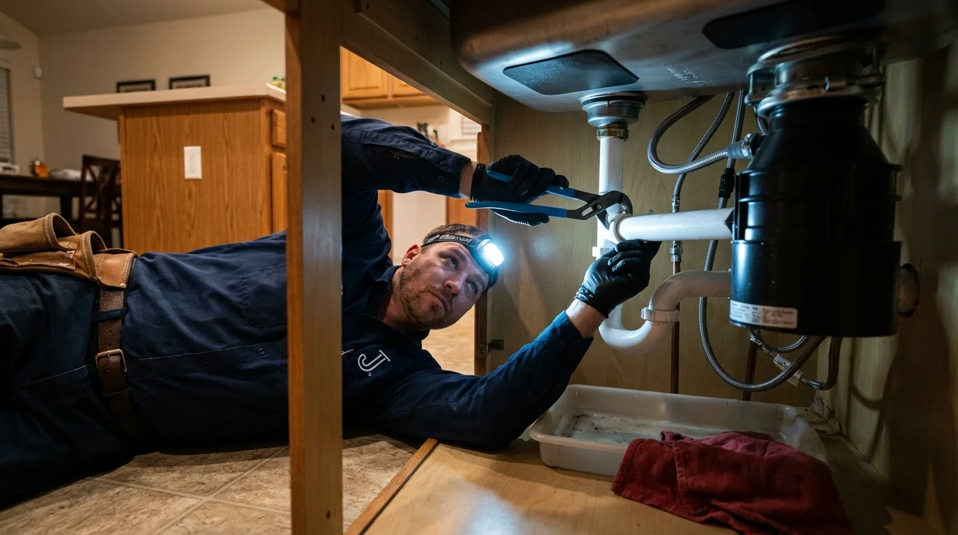 P-trap and supply line connections under a kitchen sink showing a common leak point in Theodore, AL